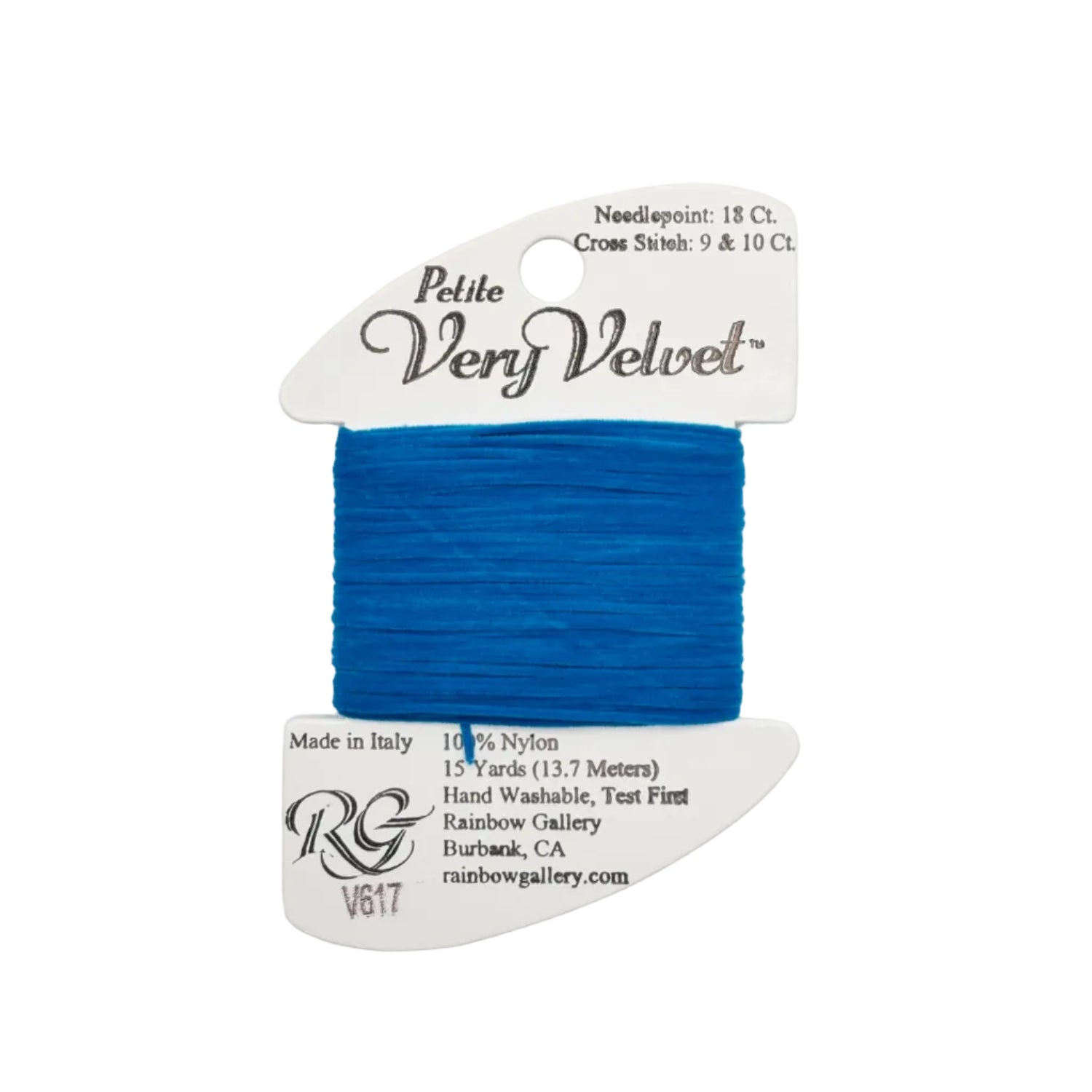 Blue thread on a white card with 'Petite Very Velvet' label
