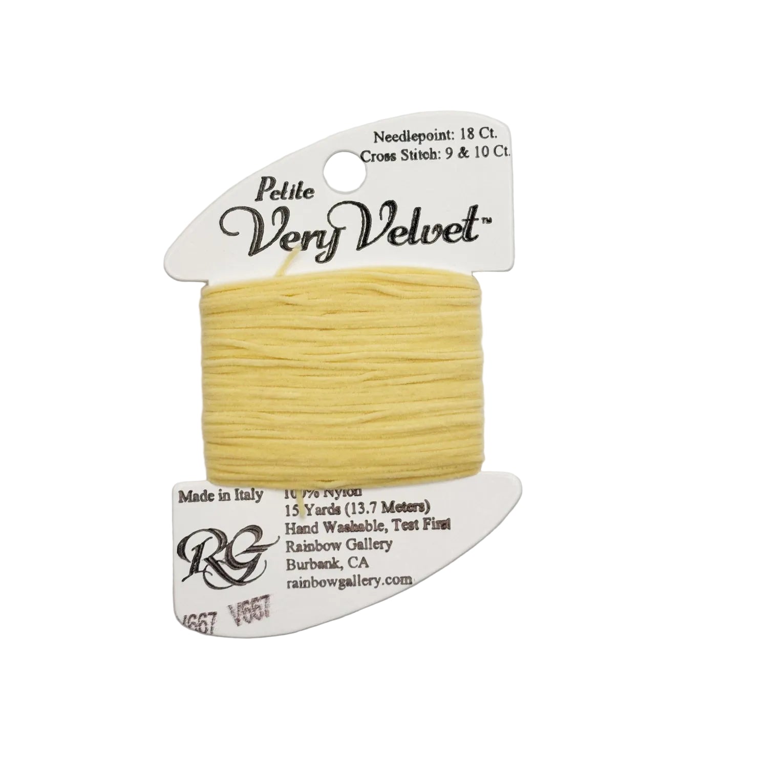 Yellow thread on a 'Petite Very Velvet' card with brand details on a white background