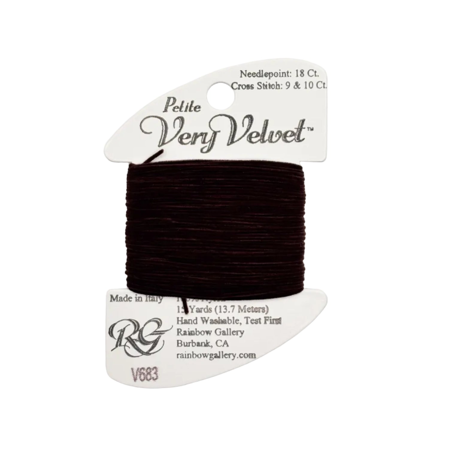 Brown thread on a Rainbow Gallery packaging with a white background