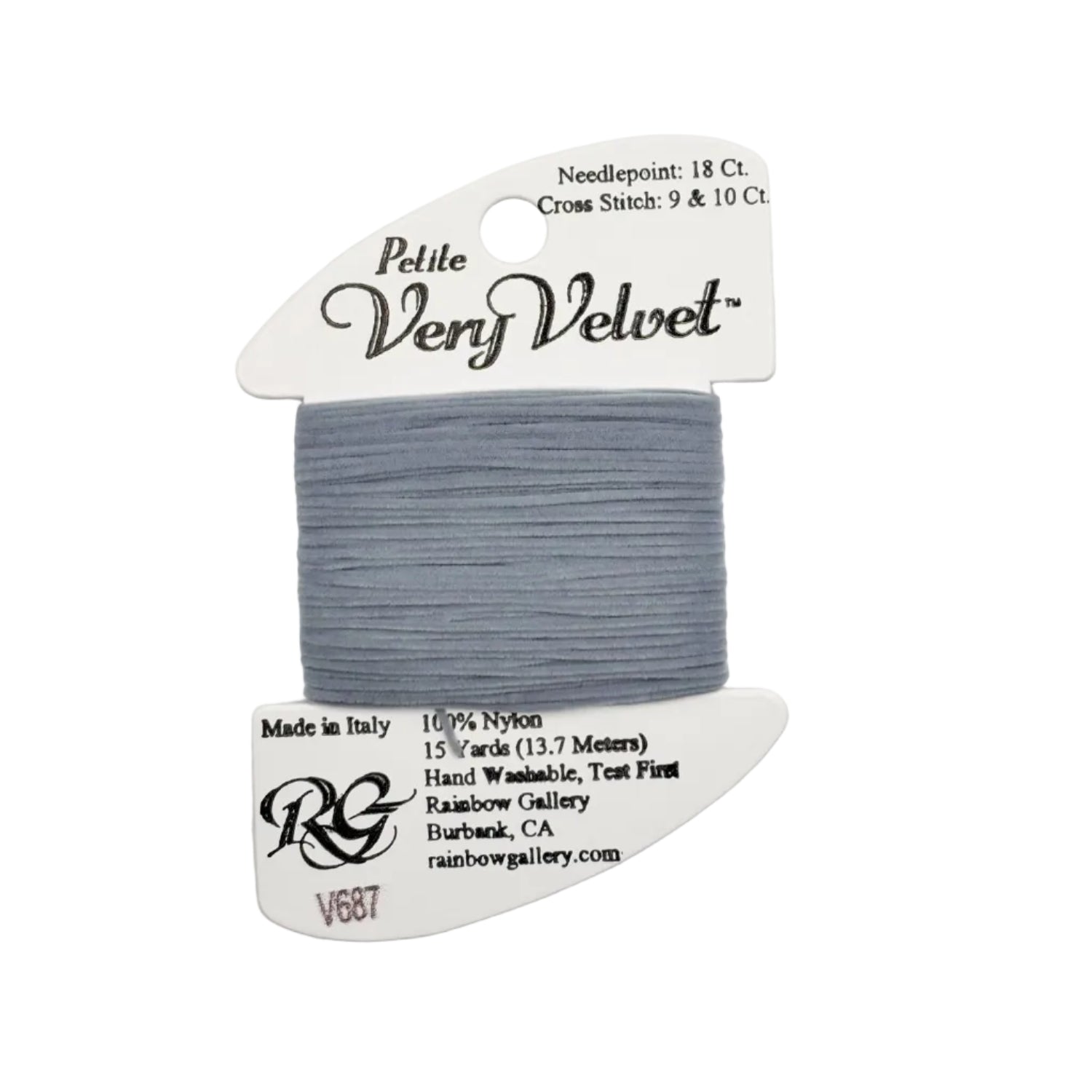 Gray thread on a white card with branding and product details.